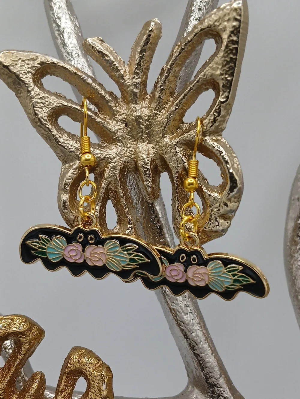 Gold-Tone Black Floral Enamel Drop Earrings